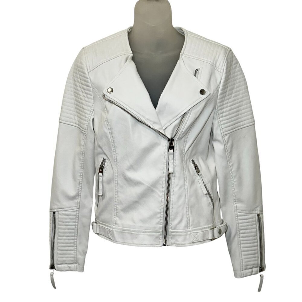 Topshop Faux Leather Moto Jacket White Zip Vegan Leather Size‎ 6 Lk Nw!